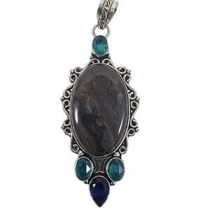 Handmade Silver Pendant – Bronzite & Blue Topaz + 20" Silver Snake Chain